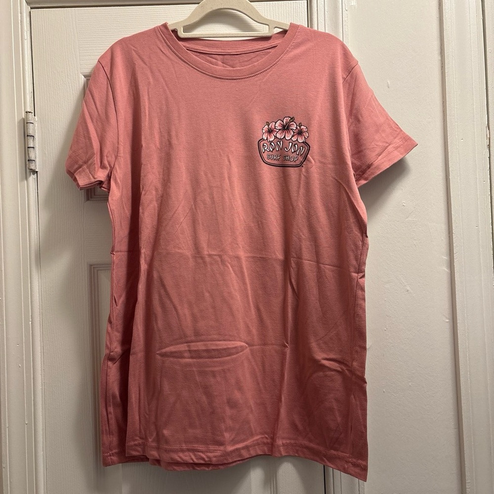 Pink Short-Sleeve Graphic Tee with Floral Chest Patch